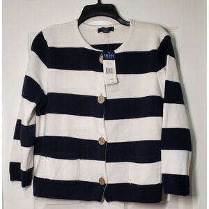 Chaps Womens Petite Large Navy White Striped Cotton Cardigan Sweater NWT